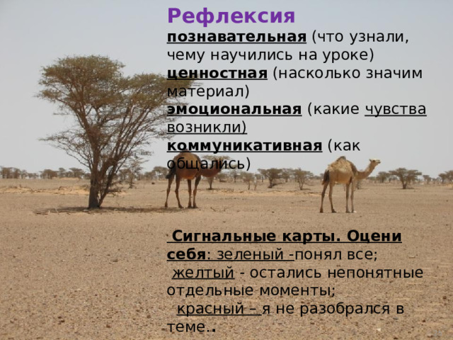 Рефлексия познавательная (что узнали, чему научились на уроке) ценностная (насколько значим материал) эмоциональная  (какие чувства возникли) коммуникативная (как общались)  Сигнальные карты. Оцени себя : зеленый - понял все;  желтый - остались непонятные отдельные моменты;  красный – я не разобрался в теме. .   