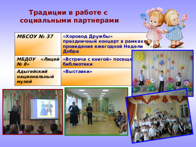Традиции в работе с  социальными партнерами МБСОУ № 37 «Хоровод Дружбы» праздничный концерт в рамках проведения ежегодной Недели Добра МБДОУ «Лицей № 8» «Встреча с книгой» посещение библиотеки Адыгейский национальный музей «Выставки» 