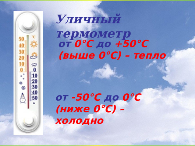 Уличный термометр от  0°С до  +50°С (выше 0°С) – тепло от  -50°С до  0°С  (ниже 0°С) – холодно 