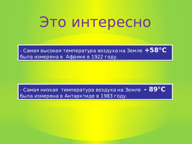 Это интересно - Самая высокая температура воздуха на Земле  +58 °С была измерена в Африке в 1922 году. - Самая низкая температура воздуха на Земле - 89 °С  была измерена в Антарктиде в 1983 году. 