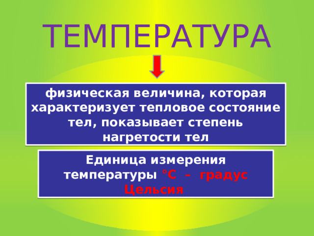 ТЕМПЕРАТУРА физическая величина, которая характеризует тепловое состояние тел, показывает степень нагретости тел Единица измерения температуры °С – градус Цельсия  