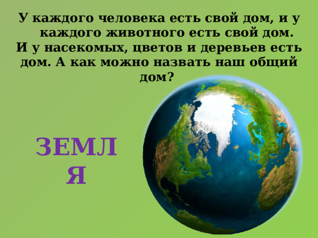 У каждого человека есть свой дом, и у каждого животного есть свой дом. И у насекомых, цветов и деревьев есть дом. А как можно назвать наш общий дом?  ЗЕМЛЯ 