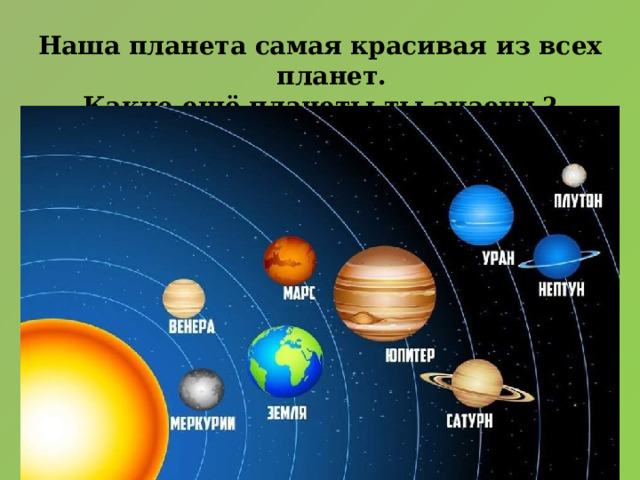 Наша планета самая красивая из всех планет. Какие ещё планеты ты знаешь? 