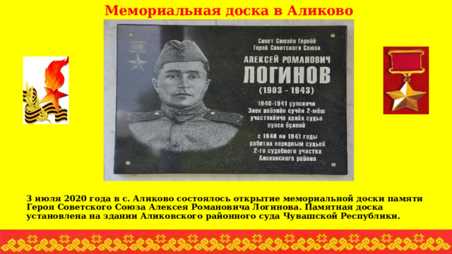 Мемориальная доска в Аликово 3 июля 2020 года в с. Аликово состоялось открытие мемориальной доски памяти Героя Советского Союза Алексея Романовича Логинова. Памятная доска установлена на здании Аликовского районного суда Чувашской Республики. 