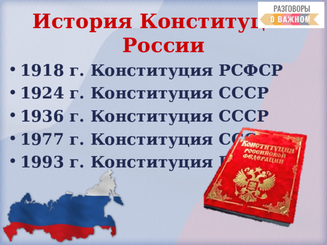История Конституции России 1918  г. Конституция РСФСР 1924  г. Конституция СССР 1936  г. Конституция СССР 1977  г. Конституция СССР 1993  г. Конституция РФ 