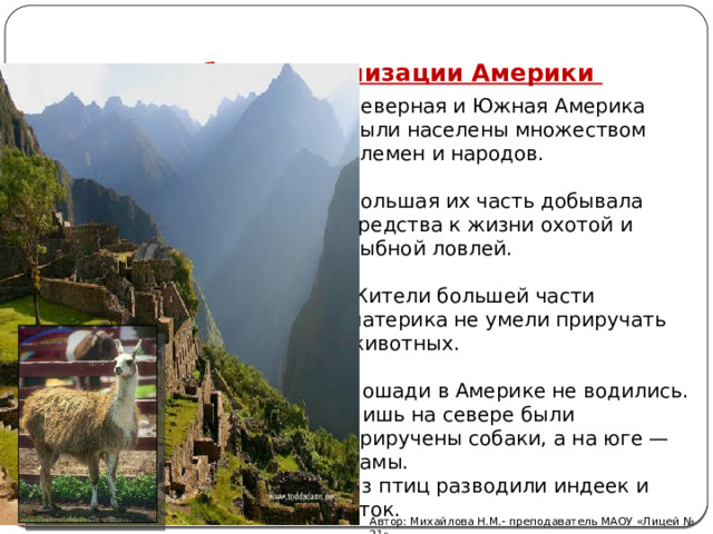   Доколумбовы цивилизации Америки Северная и Южная Америка были населены множеством племен и народов. Большая их часть добывала средства к жизни охотой и рыбной ловлей. Жители большей части материка не умели приручать животных. Лошади в Америке не водились. Лишь на севере были приручены собаки, а на юге — ламы. Из птиц разводили индеек и уток. Лама Автор: Михайлова Н.М.- преподаватель МАОУ «Лицей № 21» 