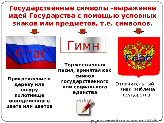 Государственные символы -выражение идей Государства с помощью условных знаков или предметов, т.е. символов.      Флаг Герб Гимн Торжественная песня, принятая как символ государственного или социального единства Прикрепление к дереву или шнуру полотнище определенного цвета или цветов Отличительный знак, эмблема государства Автор: Михайлова Н.М.- преподаватель МАОУ «Лицей № 21» 