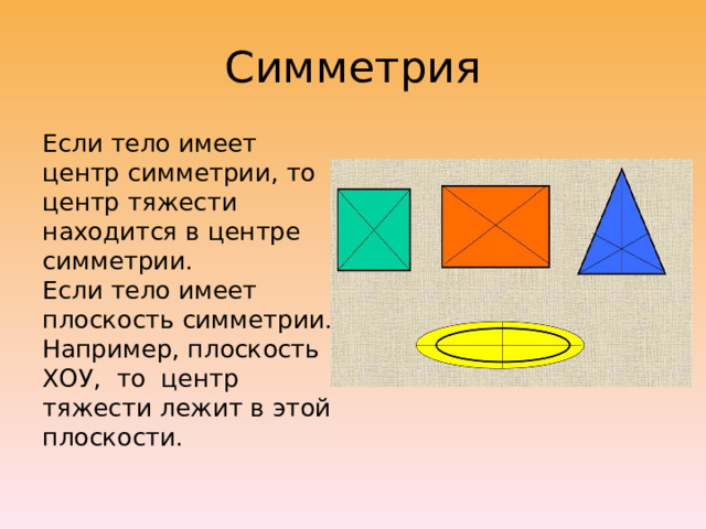 Симметрия Если тело имеет центр симметрии, то центр тяжести находится в центре симметрии.  Если тело имеет плоскость симметрии. Например, плоскость ХОУ,  то  центр тяжести лежит в этой плоскости. 