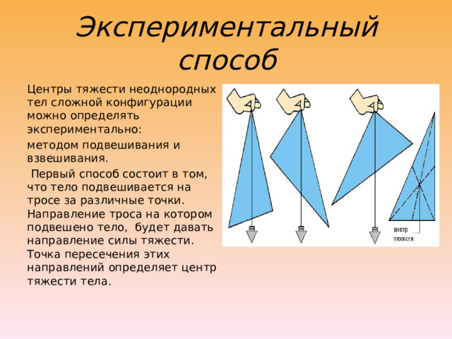 Экспериментальный способ Центры тяжести неоднородных тел сложной конфигурации можно определять экспериментально: методом подвешивания и взвешивания.  Первый способ состоит в том, что тело подвешивается на тросе за различные точки. Направление троса на котором подвешено тело,  будет давать направление силы тяжести. Точка пересечения этих направлений определяет центр тяжести тела. 