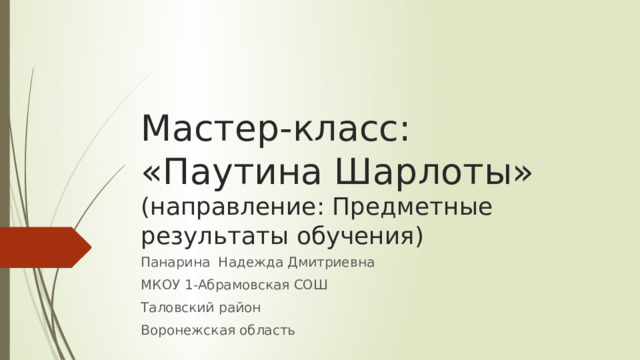 Мастер-класс:  «Паутина Шарлоты»  (направление: Предметные результаты обучения) Панарина Надежда Дмитриевна МКОУ 1-Абрамовская СОШ Таловский район Воронежская область 