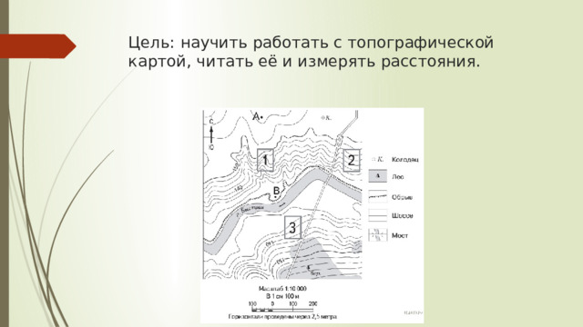 Цель:  научить работать с топографической картой, читать её и измерять расстояния.   