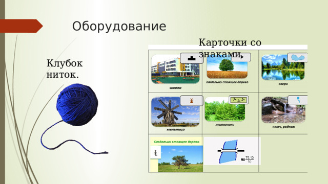 Карточки со знаками. Оборудование Клубок ниток. 
