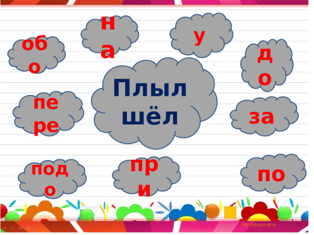    у на обо до Безударные Безударные Безударные Безударные Безударные Безударные Безударные Безударные гласные Плыл шёл пере за по при подо 