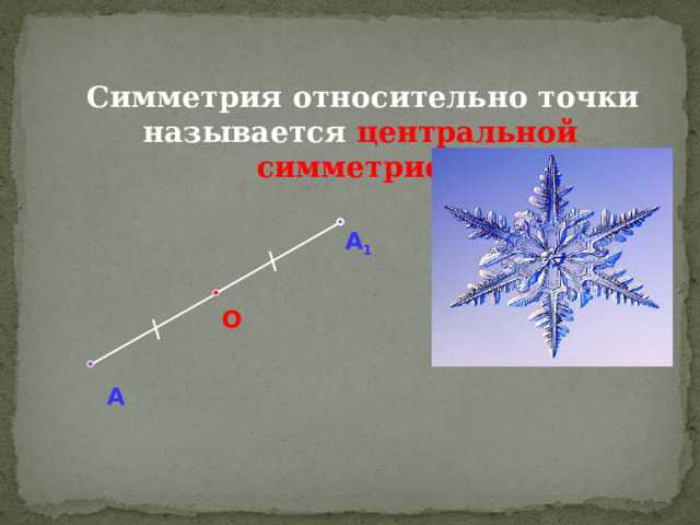   Симметрия относительно точки называется центральной симметрией А 1 О А 