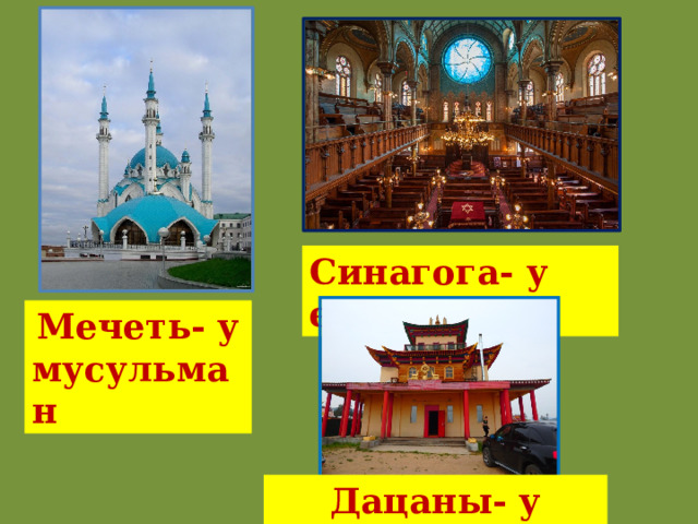 Синагога- у евреев  Мечеть- у мусульман Дацаны- у буддистов 
