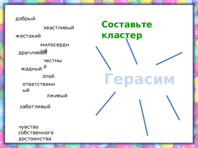добрый Составьте кластер хвастливый жестокий милосердный драчливый честный жадный Герасим злой ответственный лживый заботливый чувство собственного достоинства 
