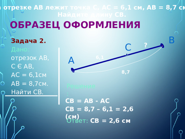 На отрезке АВ лежит точка С, АС = 6,1 см, АВ = 8,7 см. Найдите длину СВ. Образец оформления  В Задача 2. Дано:  отрезок АВ, С Є АВ, АС = 6,1см АВ = 8,7см. Найти СВ. С ? 6,1 А 8,7 Решение: СВ = АВ - АС СВ = 8,7 – 6,1 = 2,6 (см) Ответ: СВ = 2,6 см 