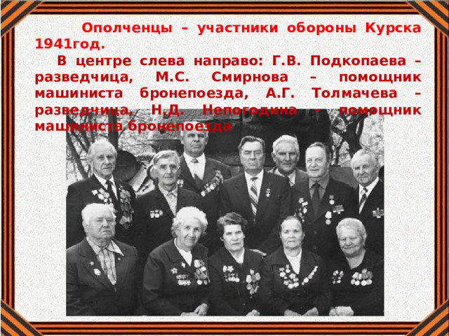  Ополченцы – участники обороны Курска 1941год. В центре слева направо: Г.В. Подкопаева – разведчица, М.С. Смирнова – помощник машиниста бронепоезда, А.Г. Толмачева – разведчица, Н.Д. Непогодина – помощник машиниста бронепоезда 