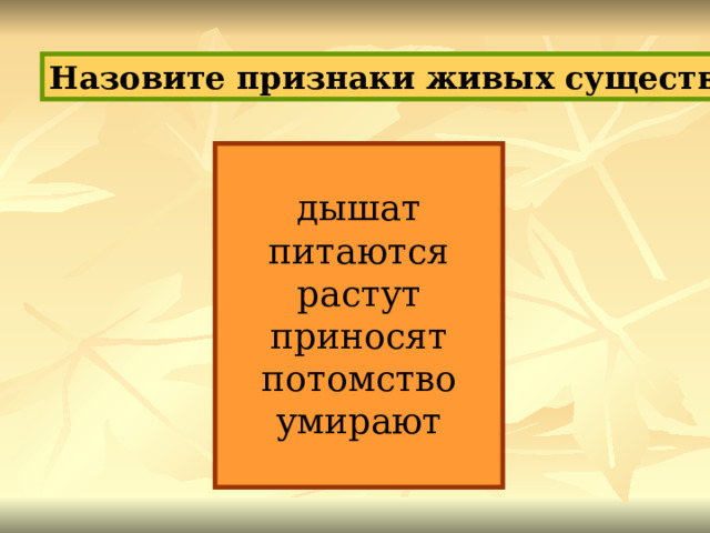 Назовите признаки живых существ дышат питаются растут приносят потомство умирают 