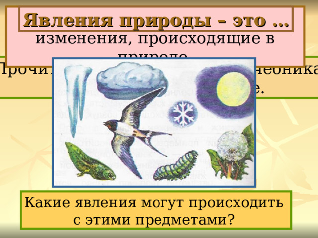 Природные явления – это все изменения, происходящие в природе. Явления природы – это … Прочитай 1-ый абзац на с.16 учебника и закончи предложение. Какие явления могут происходить с этими предметами? 