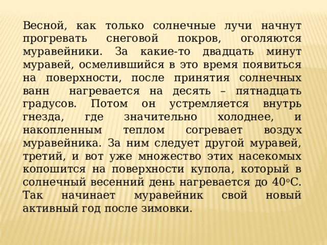 Весной, как только солнечные лучи начнут прогревать снеговой покров, оголяются муравейники. За какие-то двадцать минут муравей, осмелившийся в это время появиться на поверхности, после принятия солнечных ванн нагревается на десять – пятнадцать градусов. Потом он устремляется внутрь гнезда, где значительно холоднее, и накопленным теплом согревает воздух муравейника. За ним следует другой муравей, третий, и вот уже множество этих насекомых копошится на поверхности купола, который в солнечный весенний день нагревается до 40 о С. Так начинает муравейник свой новый активный год после зимовки. 
