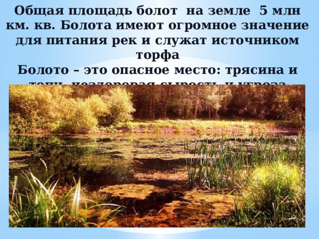 Общая площадь болот на земле 5 млн км. кв. Болота имеют огромное значение для питания рек и служат источником торфа  Болото – это опасное место: трясина и топи, нездоровая сырость и угроза торфяным пожарам 
