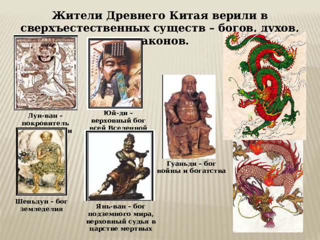 Жители Древнего Китая верили в сверхъестественных существ – богов, духов, драконов. Юй-ди – верховный бог всей Вселенной Лун-ван – покровитель водной стихии Гуаньди – бог войны и богатства Шеньдун – бог земледелия Янь-ван – бог подземного мира, верховный судья в царстве мертвых 
