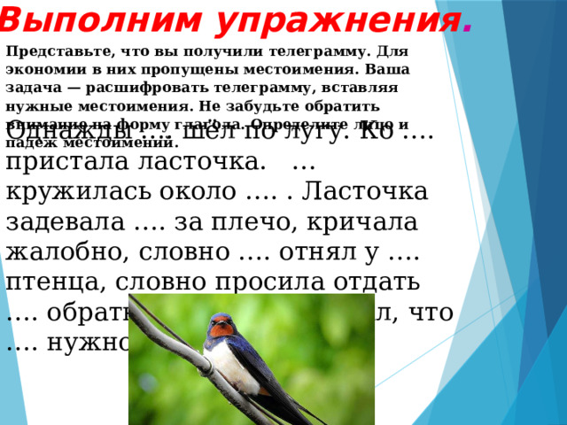 Выполним упражнения . Представьте, что вы получили телеграмму. Для экономии в них пропущены местоимения. Ваша задача — расшифровать телеграмму, вставляя нужные местоимения. Не забудьте обратить внимание на форму глагола. Определите лицо и падеж местоимений. Однажды …. шёл по лугу. Ко …. пристала ласточка. … кружилась около …. . Ласточка задевала …. за плечо, кричала жалобно, словно …. отнял у …. птенца, словно просила отдать …. обратно. …. не понимал, что …. нужно. 