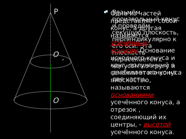 Р Возьмём произвольный конус и проведём секущую плоскость, перпендикулярно к его оси. Эта плоскость пересекается с конусом по кругу и разбивает конус на две части.  Одна из частей представляет собой конус, а другая называется усечённым конусом .Основание исходного конуса и круг, полученный в сечении этого конуса плоскостью, называются основаниями усечённого конуса, а отрезок , соединяющий их центры, - высотой усечённого конуса. О ΄ О 