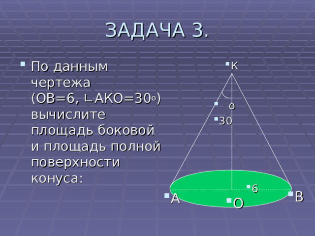 ЗАДАЧА 3. По данным чертежа (ОВ= 6 , ∟АКО=30 о ) вычислите площадь боковой и площадь полной поверхности конуса:  К  о 30 6 В А О 