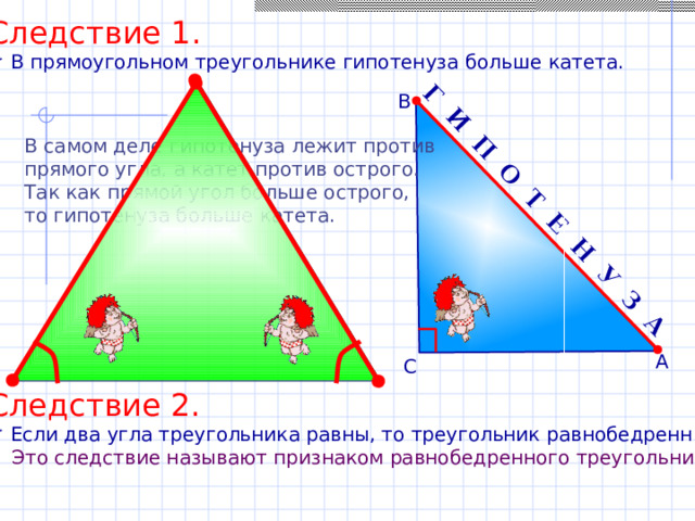 Г И П О Т Е Н У З А Следствие 1.  В прямоугольном треугольнике гипотенуза больше катета. В В самом деле гипотенуза лежит против прямого угла, а катет против острого. Так как прямой угол больше острого, то гипотенуза больше катета. А С Следствие 2.  Если два угла треугольника равны, то треугольник равнобедренный.  Это следствие называют признаком равнобедренного треугольника. 
