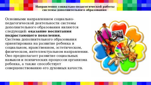Направления социально-педагогической работы системы дополнительного образования Основными направлением социально-педагогической деятельности системы дополнительного образования являются следующий: оказание воспитания подрастающего поколения. Система дополнительного образования ориентирована на развитие ребенка в социальном, нравственном, эстетическом, физическом, интеллектуальном направлении. Оно предполагает развитие социальных навыков и психических процессов организма ребенка, а также способствует совершенствованию его духовных качеств. 