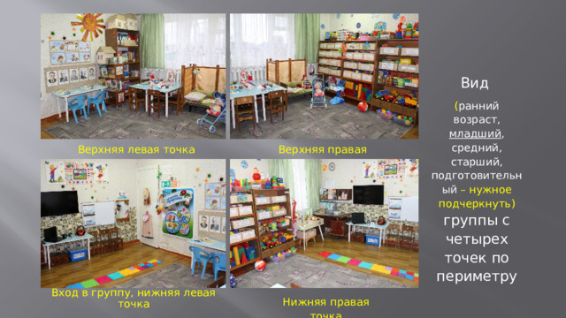Вставка рисунка Вид ( ранний возраст, младший , средний, старший, подготовительный – нужное подчеркнуть) группы с четырех точек по периметру Верхняя левая точка Верхняя правая точка Вход в группу, нижняя левая точка Нижняя правая точка  