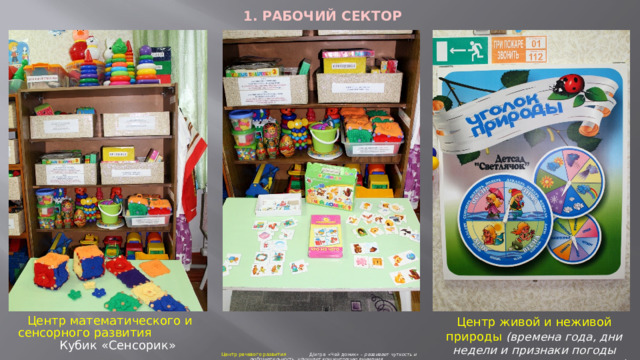 1. РАБОЧИЙ СЕКТОР Центр живой и неживой природы (времена года, дни недели и признаки погоды отмечаем с помощью стрелок)         Центр речевого развития Д/игра «Чей домик» – развивает чуткость и любознательность, улучшает концентрацию внимания... Центр математического и сенсорного развития Кубик «Сенсорик»  
