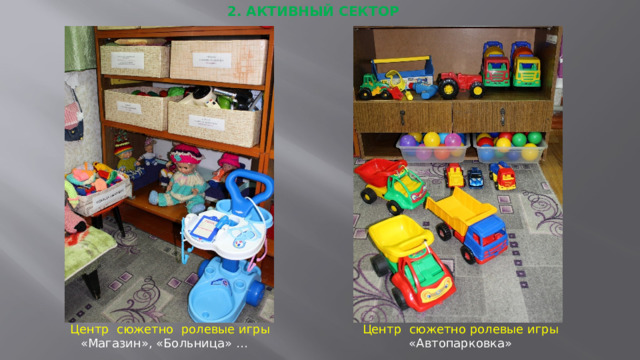 2. АКТИВНЫЙ СЕКТОР  Центр сюжетно ролевые игры «Магазин», «Больница» … Центр сюжетно ролевые игры «Автопарковка»   