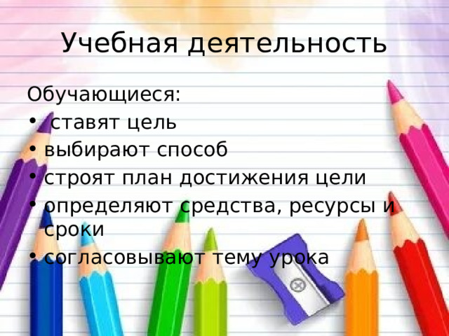 Учебная деятельность Обучающиеся:  ставят цель выбирают способ строят план достижения цели определяют средства, ресурсы и сроки согласовывают тему урока 