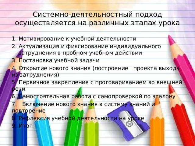 Системно-деятельностный подход осуществляется на различных этапах урока Мотивирование к учебной деятельности Актуализация и фиксирование индивидуального затруднения в пробном учебном действии 3. Постановка учебной задачи 4. Открытие нового знания (построение   проекта выхода из затруднения)  5. Первичное закрепление с проговариванием во внешней речи 6. Самостоятельная работа с самопроверкой по эталону 7.   Включение нового знания в систему знаний и повторение 8. Рефлексия учебной деятельности на уроке 9. Итог. 