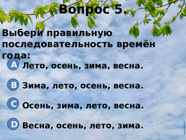 Вопрос 5.  Выбери правильную последовательность времён года:   Лето, осень, зима, весна.  Зима, лето, осень, весна.  Осень, зима, лето, весна.  Весна, осень, лето, зима. A B C D 