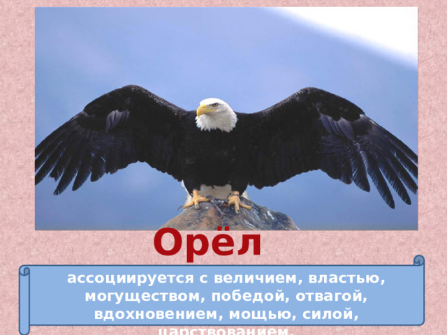 Орёл ассоциируется с величием, властью, могуществом, победой, отвагой, вдохновением, мощью, силой, царствованием. 
