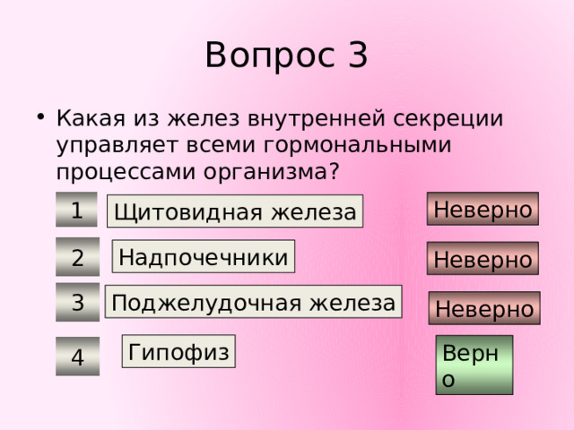Вопрос 3 Какая из желез внутренней секреции управляет всеми гормональными процессами организма? Неверно 1 Щитовидная железа 2 Надпочечники Неверно 3 Поджелудочная железа Неверно Гипофиз Верно 4 