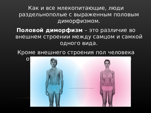 Как и все млекопитающие, люди раздельнополые с выраженным половым диморфизмом. Половой диморфизм – это различие во внешнем строении между самцом и самкой одного вида. Кроме внешнего строения пол человека отличается на генетическом уровне половыми хромосомами 