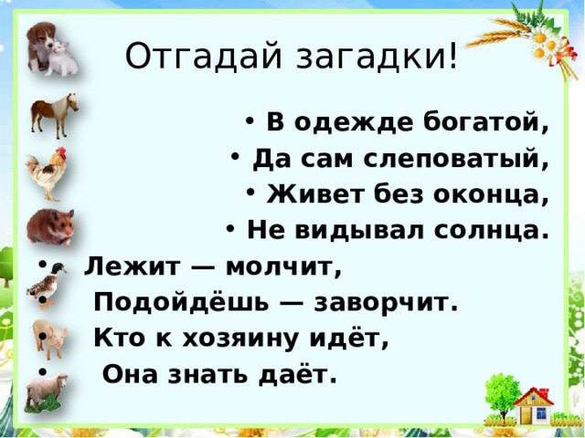 Отгадай загадки! В одежде богатой, Да сам слеповатый, Живет без оконца, Не видывал солнца.  Лежит — молчит,  Подойдёшь — заворчит.  Кто к хозяину идёт,  Она знать даёт. 