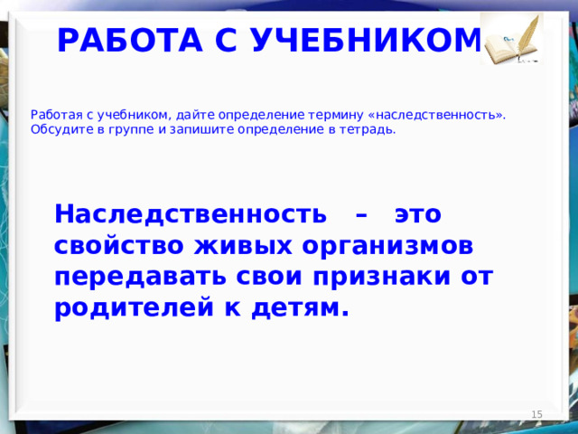 РАБОТА С УЧЕБНИКОМ Работая с учебником, дайте определение термину «наследственность». Обсудите в группе и запишите определение в тетрадь. Наследственность – это свойство живых организмов передавать свои признаки от родителей к детям.  