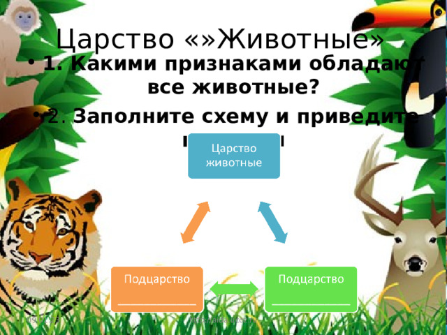 Царство «»Животные» 1. Какими признаками обладают все животные? 2. Заполните схему и приведите примеры 09.01.23 http://aida.ucoz.ru  