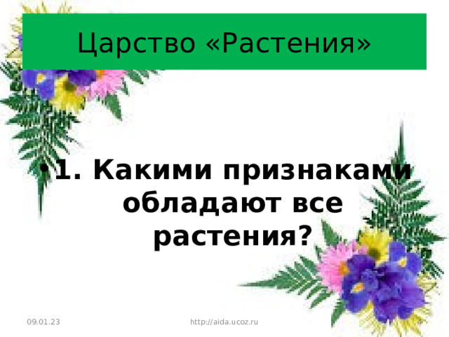 Царство «Растения»   1. Какими признаками обладают все растения?  09.01.23 http://aida.ucoz.ru  