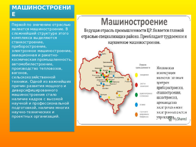 МАШИНОСТРОЕНИЕ Первой по значению отраслью является машиностроение. В сложнейшей структуре этого комплекса выделяются станкостроение, приборостроение, электронное машиностроение, авиационная и ракетно-космическая промышленность, автомобилестроение, производство тепловозов, вагонов, сельскохозяйственной техники. Одной из важнейших причин развития мощного и диверсифицированного машиностроения стало наличие кадров с высокой научной и профессиональной подготовкой, наличие многих научно-технических и проектных организаций . 