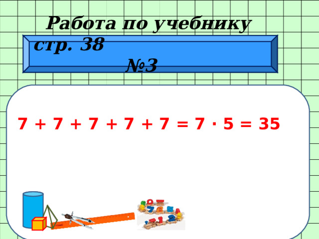  Работа по учебнику стр. 38 № 3   7 + 7 + 7 + 7 + 7 = 7 · 5 = 35  