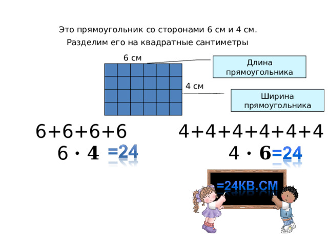 Это прямоугольник со сторонами 6 см и 4 см. Разделим его на квадратные сантиметры 6 см Длина прямоугольника 4 см Ширина прямоугольника 6+6+6+6 6 · 4  4+4+4+4+4+4 4 · 6  