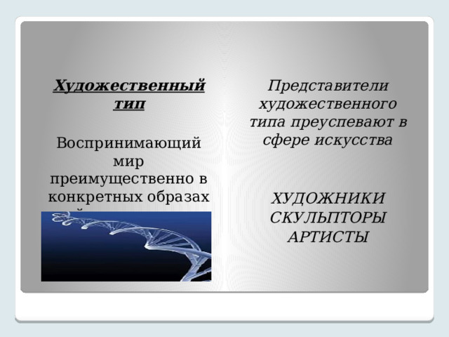 Художественный тип Представители художественного типа преуспевают в сфере искусства  Воспринимающий мир преимущественно в конкретных образах действительности  ХУДОЖНИКИ СКУЛЬПТОРЫ АРТИСТЫ 