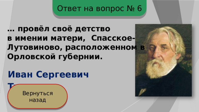 Ответ на вопрос № 6 … провёл своё детство в имении матери, Спасское- Лутовиново, расположенном в Орловской губернии. Иван Сергеевич Тургенев Вернуться назад 